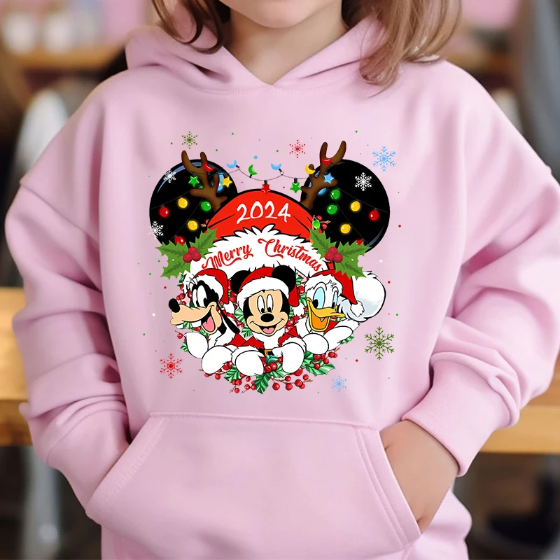 Mickey Christmas 2024 Hoodies Autumn and Winter Plus Velvet Sweater Holiday Gifts for Boys and Girls