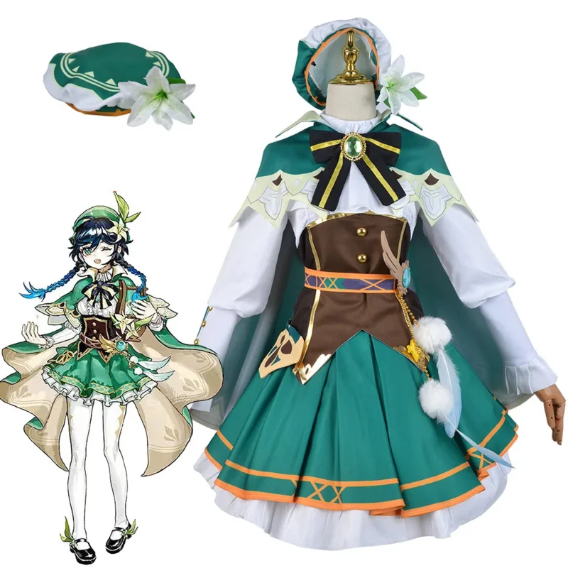 Venti Cosplay Costume Wig Female Dress Game Impact Venti Cosplay Outfits Costumes with Hat
