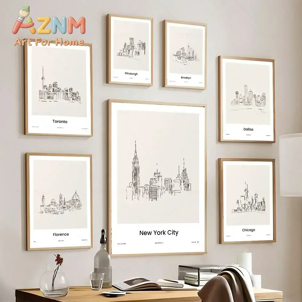 AZNM Minimalist City Skyline Line Art Canvas Wall Art New York Toronto Florence Sketch Poster, Unframed Canvas Print for Office
