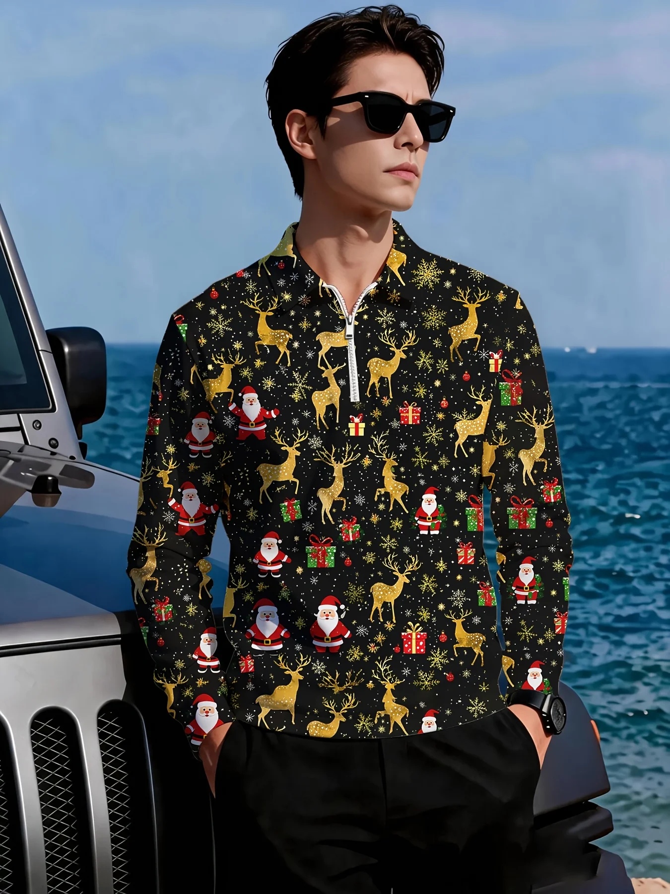 Men Black Quarter Zip Long Sleeve Polo Shirt, Golden Reindeer Santa Gift Snowflake Christmas Print Graphic Top