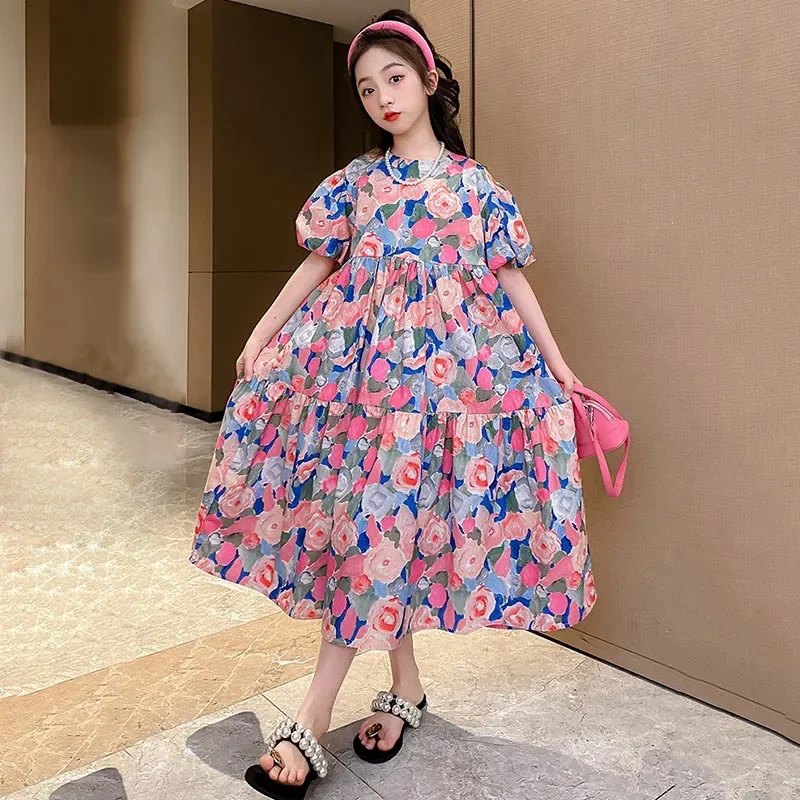 

Girls Floral Dress Summer Fashion Puff Sleeve Print Princess Dresses for Children 12 13 14 Years Teens Kids Birthday Party Gown