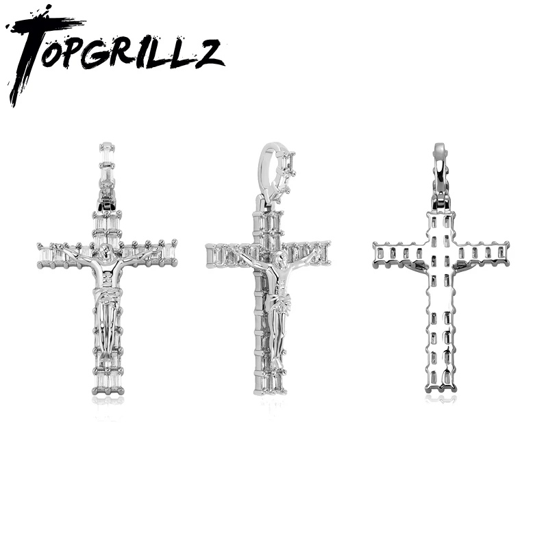 TOPGRILLZ Religious Jesus Cross Pendant Necklace Iced Out Baguette/Round Cubic Zirconia Chains Prayer Baptism Gifts