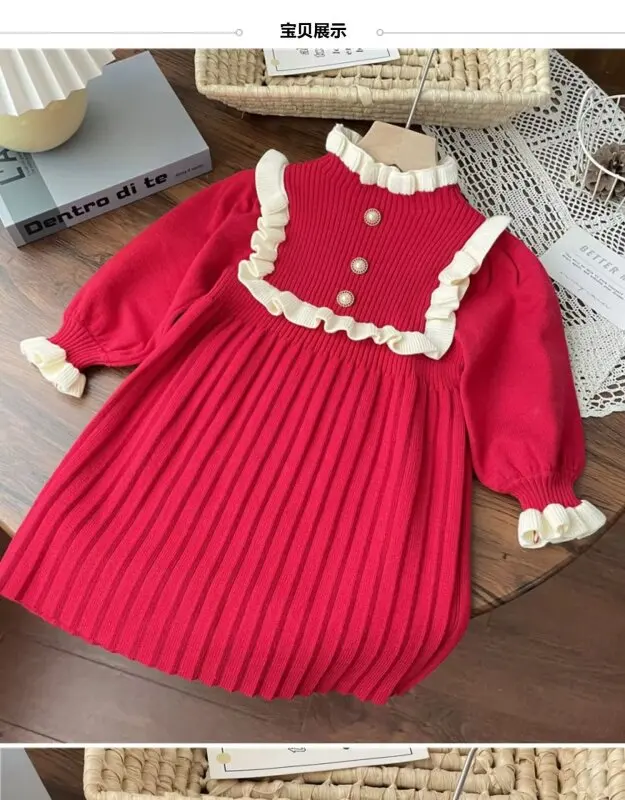 New Year Red Girl Knitting Wool Long Sleeve Princess Dress Autumn Winter New Warm Sweater Dress Kid Christmas Casual Clothes