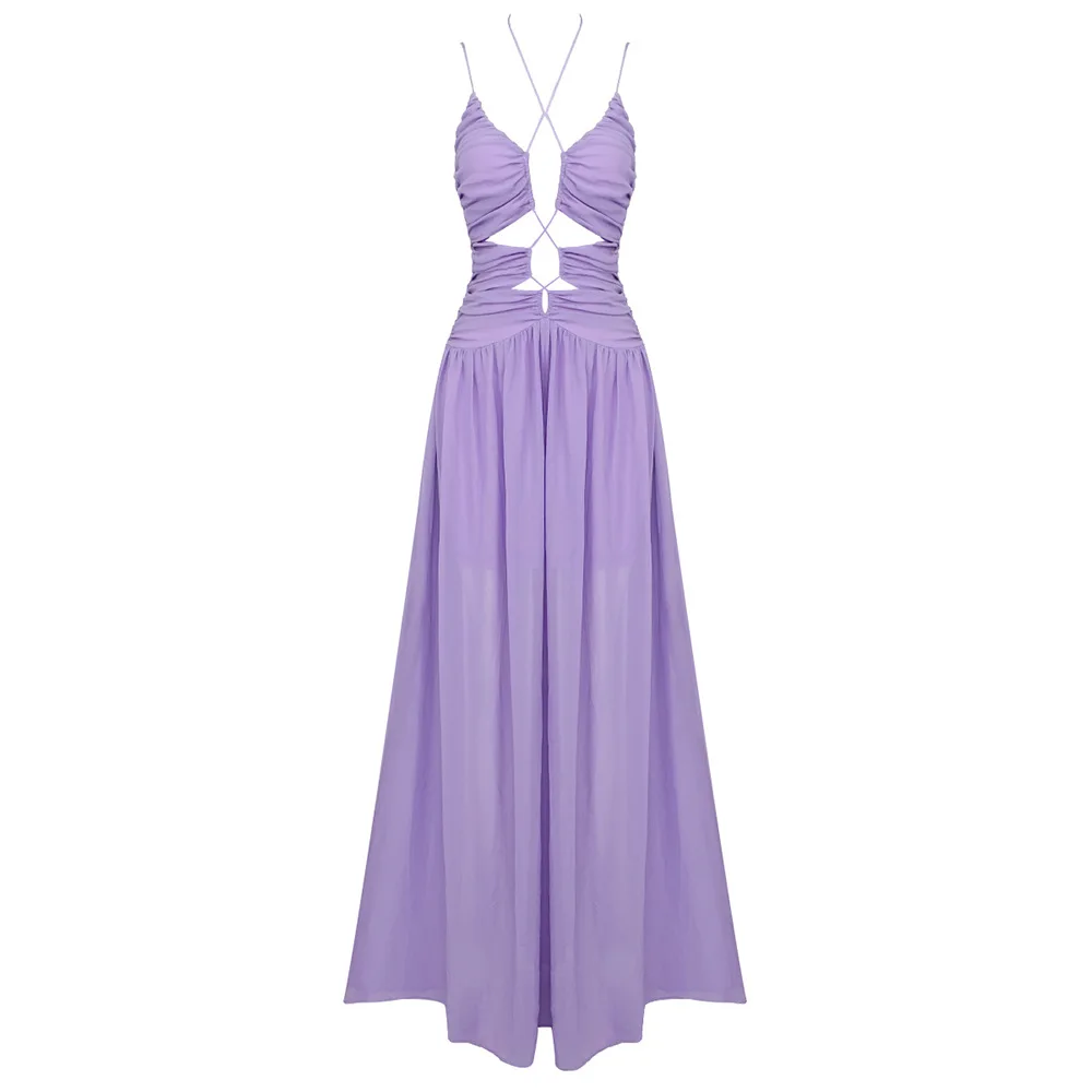 

J Summer light purple chiffon drawstring pleated long skirt sexy perspective suspender dress women's clothing high-end