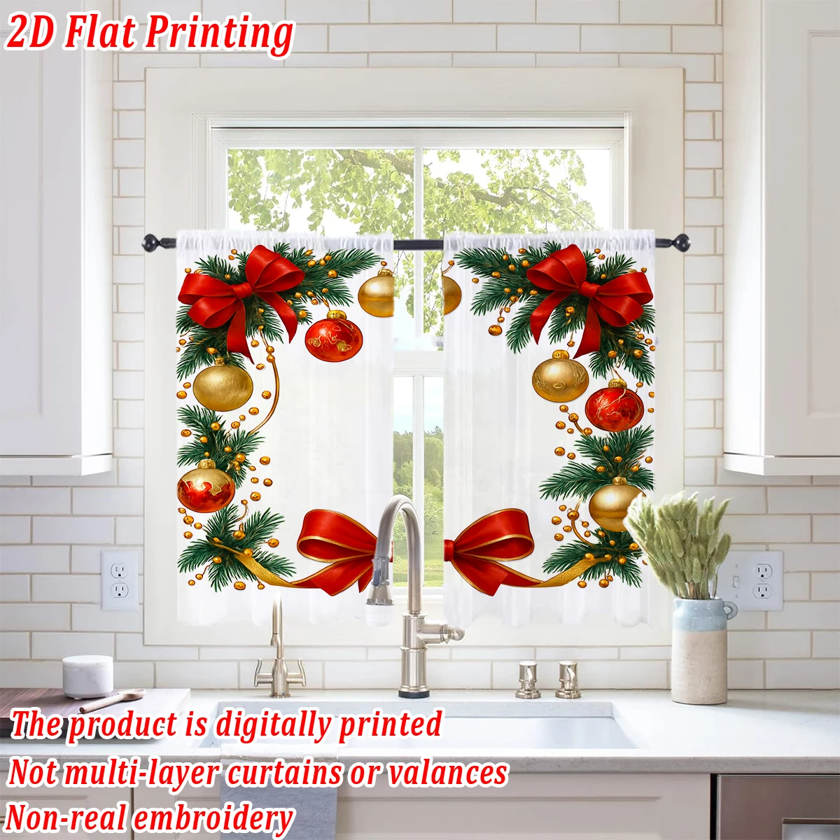 Christmas Flat Printing Kitchen Sheer Curtain with Merry Christmas Ball Bow Pine Branch For Christmas Home Decor  Party