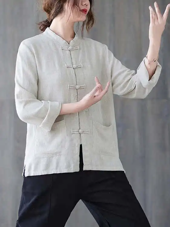Nueva Chaqueta de Lino y Algodón Estilo Chino con Cuello de Botones, Ropa de Mujer para Tai Chi, Talla Grande, Camisa Estilo Zen para Ceremonia del Té