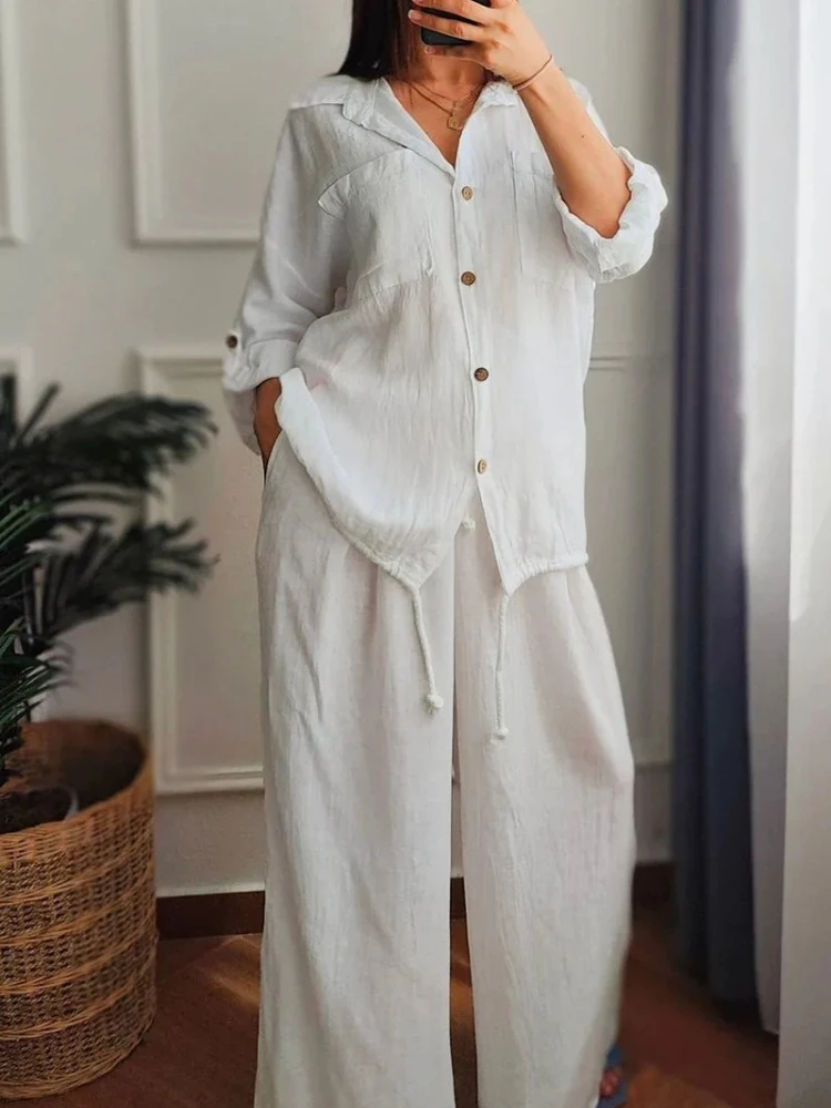 

Fashion Cotton Linen Shirt Long Sleeved Women's Set Spring Autumn Loose Cotton Linen Wide Leg Trousers Female Office 2piece Set