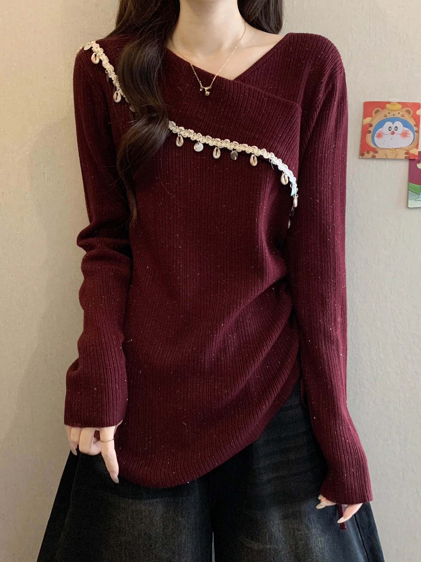 

Женский трикотажный топ Ele V-Ne с V-образным вырезом, больших размеров, с эффектом утяжки талии на шнурке, осенний, повседневный, свободного кроя, с длинным рукавом