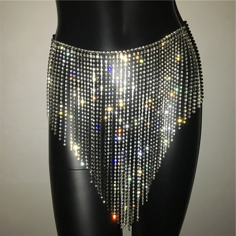 

AKYZO Luxury Diamonds Tassel Fringe Skirt for Women See Through Festival Rave Party Sexy Skirt with Waist Chain Clubwear