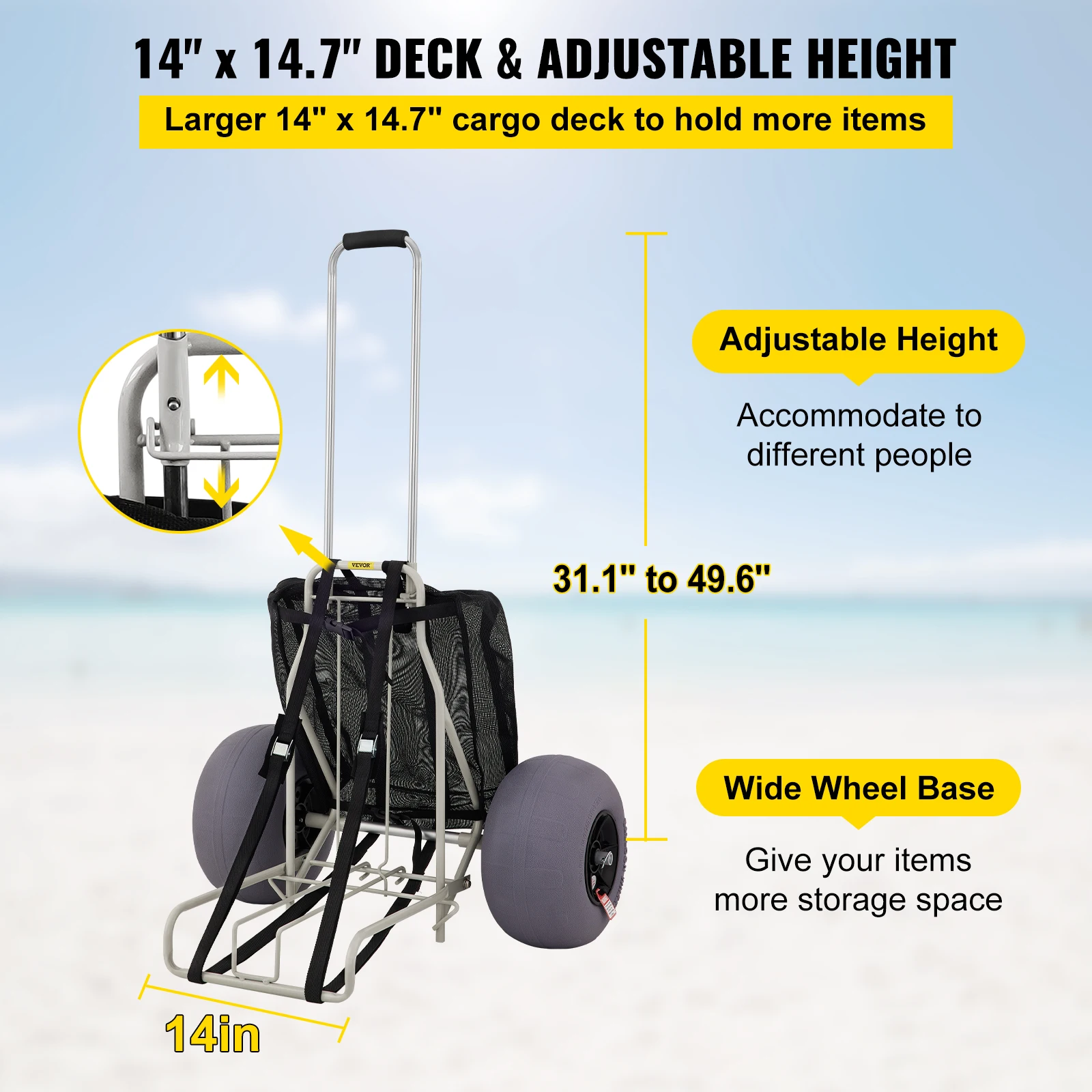 VEVOR-carritos de playa con ruedas de globo de TPU, capacidad de carga de 165LBS, altura ajustable para Picnic, pesca y playa, 12