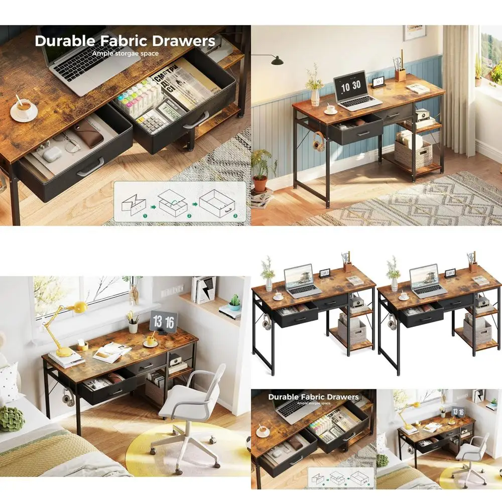 

Реверсивный стол на 40 дюймов с ящиками и полками для хранения, учебный стол для ноутбука с крючками для наушников для небольших помещений, цвет: рустик-коричневый