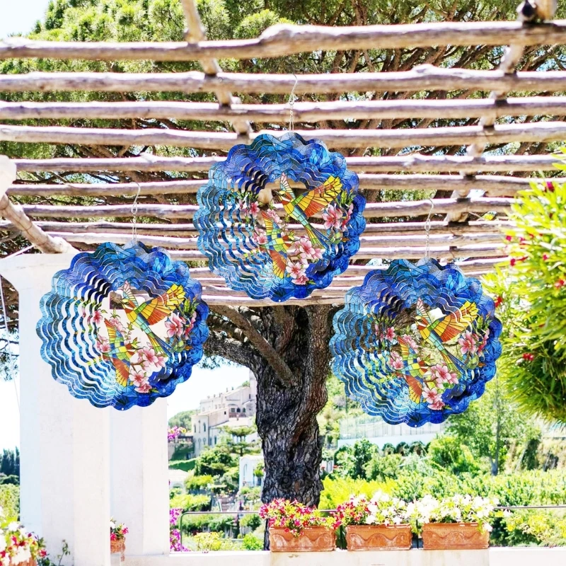 Round Metal Hummingbird and Florals Wind Spinner for Porch and Patios Decors A2BB