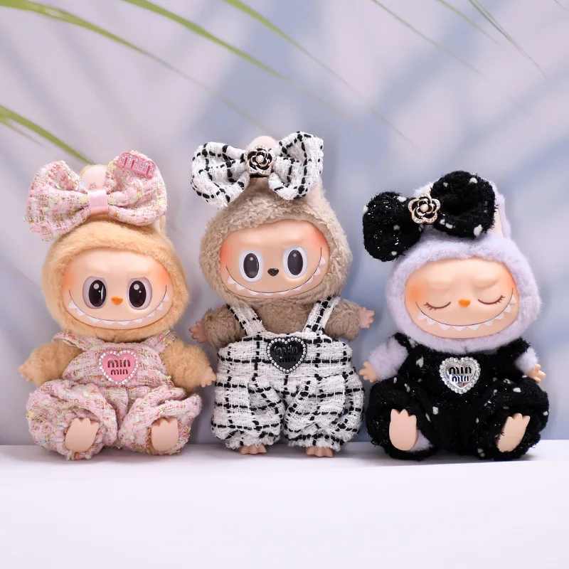 1 Set 17cm Labubu Doll Clothes Monster Outfit Sweet Princess Style Bow Strap Overalls DIY Kids Gift Christmas Birthday Part