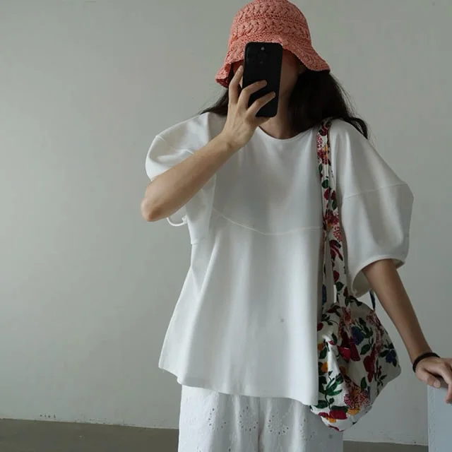 

Chic Summer T-irt Women's Loose Lantern Sve Casual Pure Color Top Vintage Versatile Korean Sle Regular Fit Streetwear
