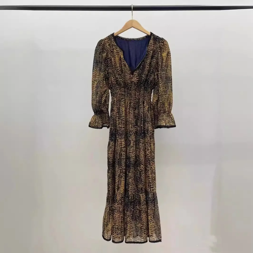 

Винтажное женское платье А-силуэта с V-образным вырезом, рукавами-фонариками и завышенной талией, новое, весна-лето, цвет «полированное золото»