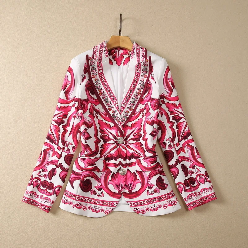 

European and American women's dress 2023 summer new style Long sleeve beaded suit collar court print single breasted coat