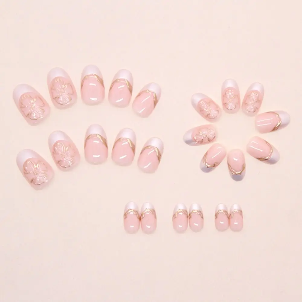 24 pçs manicure oval unhas falsas borda olho de gato unhas falsas francesas flores douradas dicas de unhas destacáveis diy
