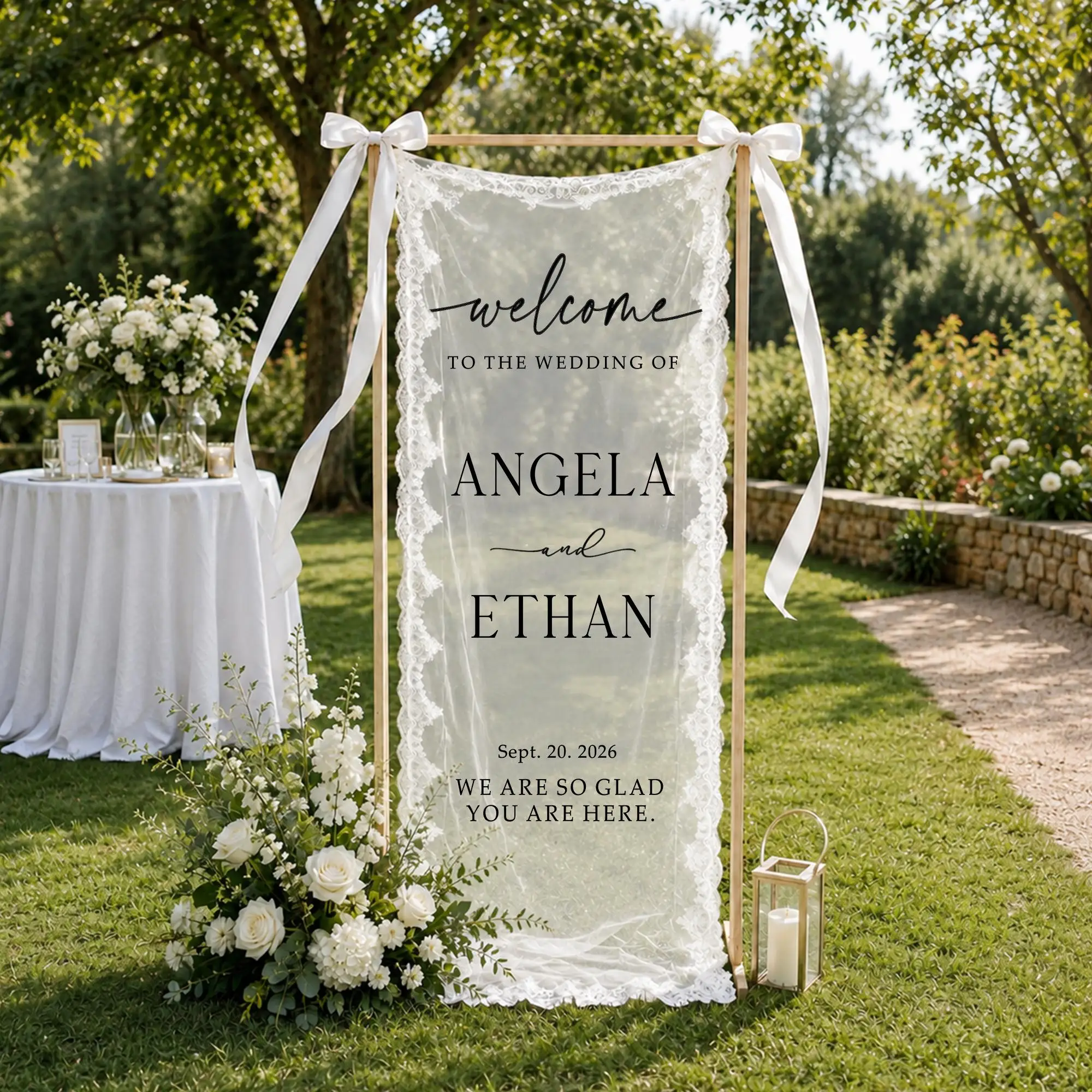 Personalized Lace Wedding Welcome Sign with 2 white ribbon, sheer Wedding Welcome Sign, Wedding Decor, Banner With Names