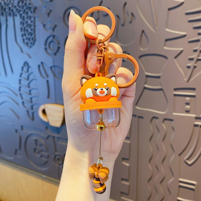 Cute Cartoon Raccoon Fruit Wind Chimes Buckle Key Chain Female Delicate Doll Raccoon Tail Bow Strap Pendant Keychain for Women