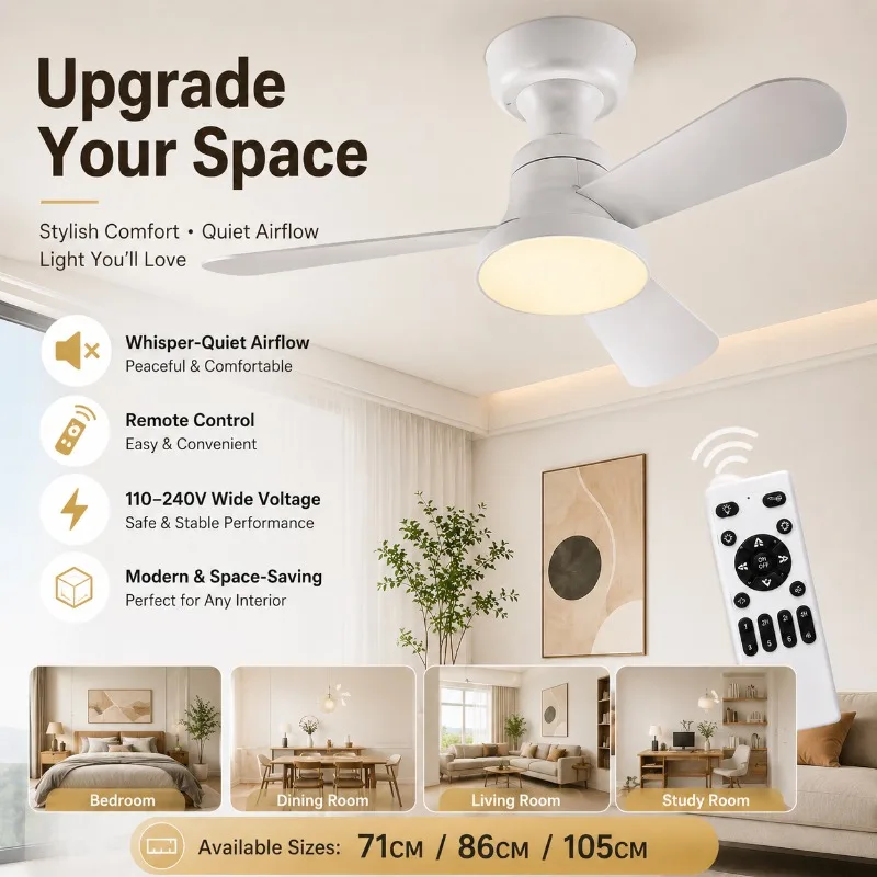 71cm Ceiling Fan with LED Light Remote Control 6 Speed Reversible Motor Dimmable for Bedroom Living Room Ceiling Fan Light