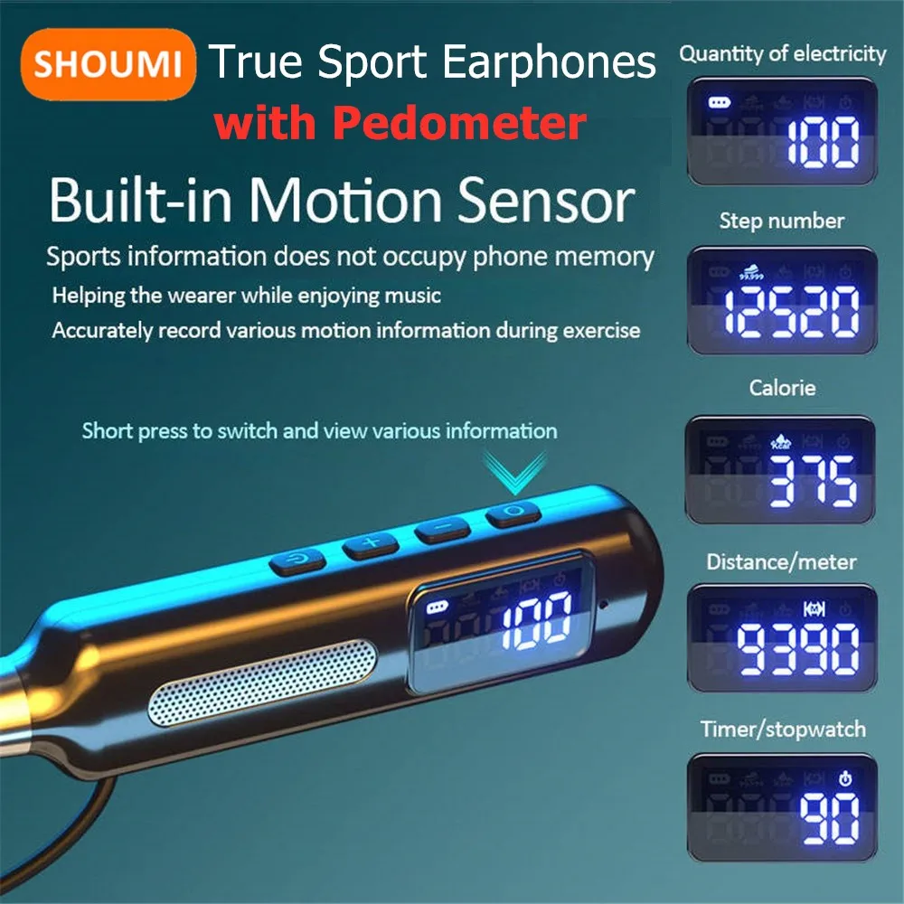 Shoumi Wireless Earphones Bluetooth Neckband Sports Headphones True Sport Earbuds with Pedometer Headset In-Ear Fast Charge 80H