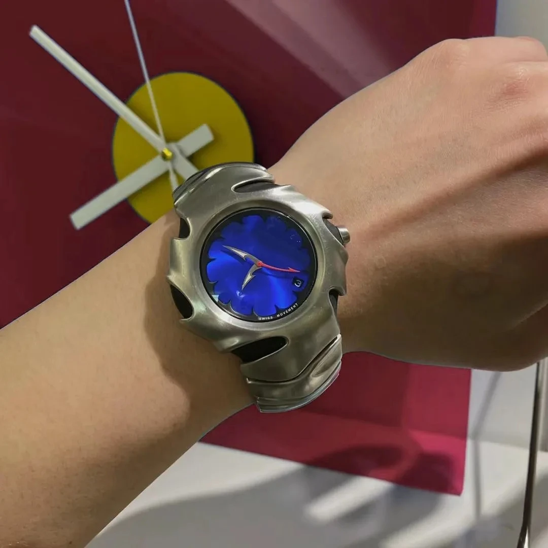 Мужские Y2K уникальные лезвия модные из нержавеющей стали черные синие роскошные кварцевые водонепроницаемые деловые часы с имитацией верха