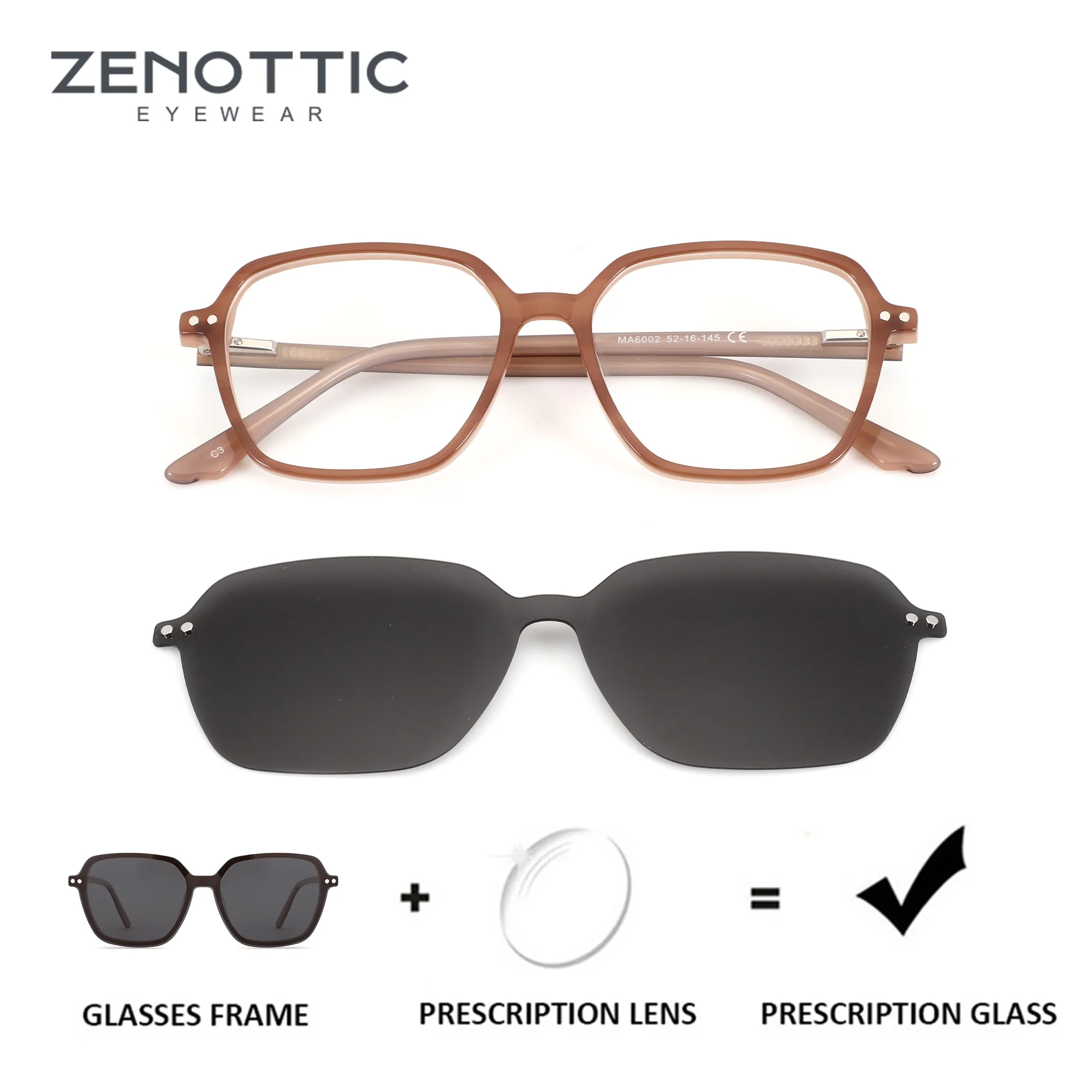 ZENOTTIC Acetate Polygon Magnetic Clip On Prescription Glasses For Women Polarized UV400 Photochromic Graduated Lenses
