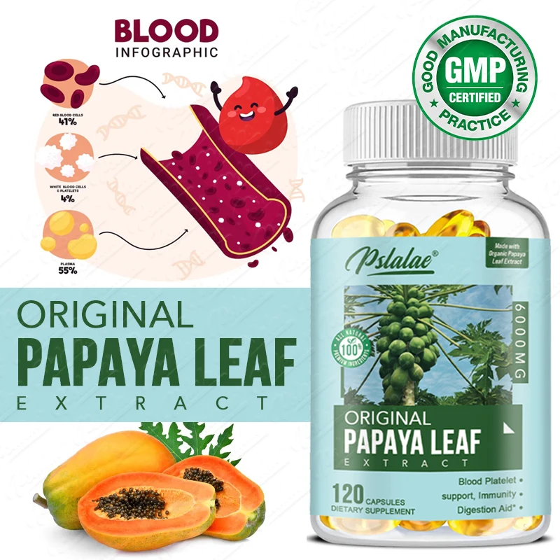 

Papaya Leaf Extract Digestive Enzymes - 10x Strength - Blood Plate, Bone Marrow Support, Immune Gut and Super Digestive Health