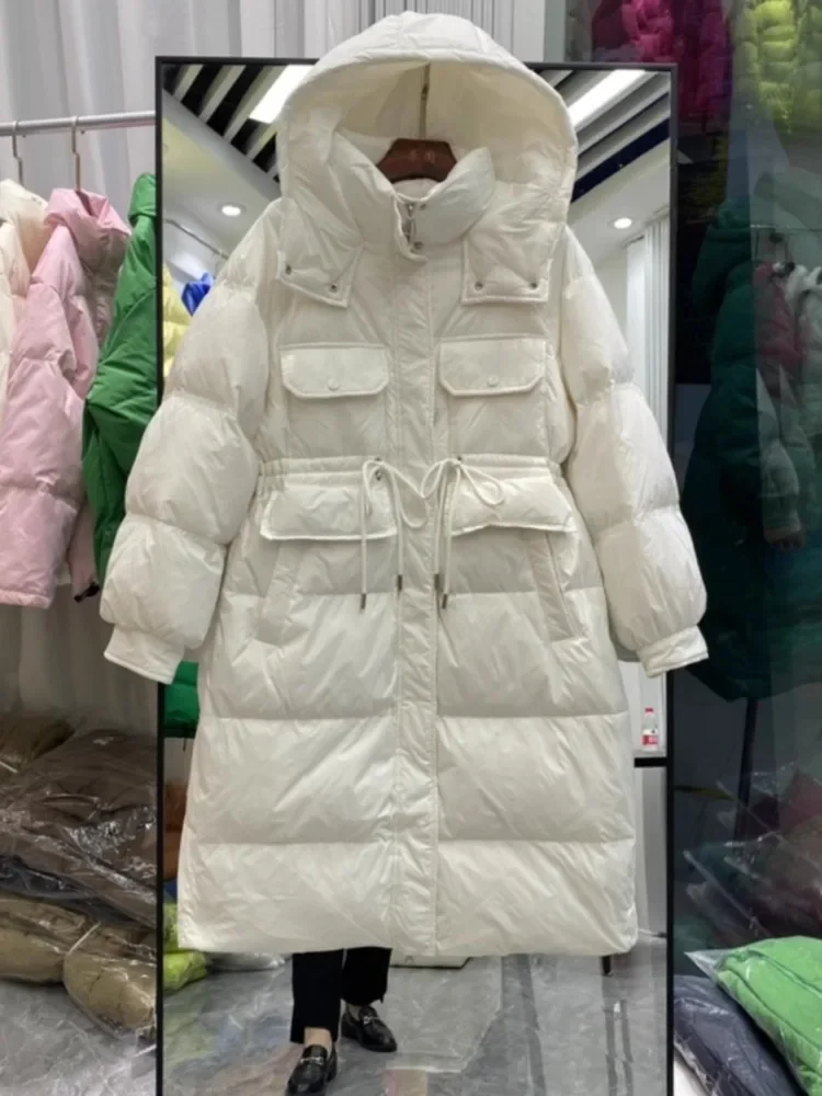 Winter Donsjack Nieuwe Koreaanse Chique Halflange Capuchon Verdikte Taille Slim Fit Multi Pocket Splitsen Witte Eend Puffer Jas Vrouwen