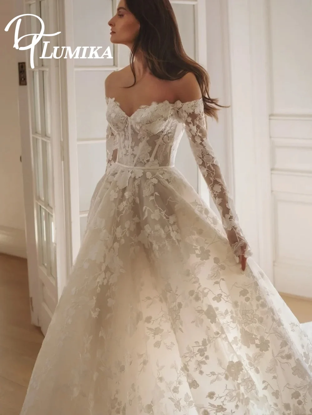 

Enchanting Off The Shoulder Long Sleeve Bridal Gown Glittering Applique A Line Wedding Dress Elegant Lace Bride Dress Customized