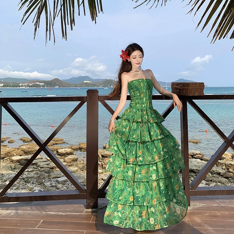 2025 verão feminino praia maxi vestido sexy bustier cintura gravata babado hem em camadas impressão vestido de férias y2k streetwear