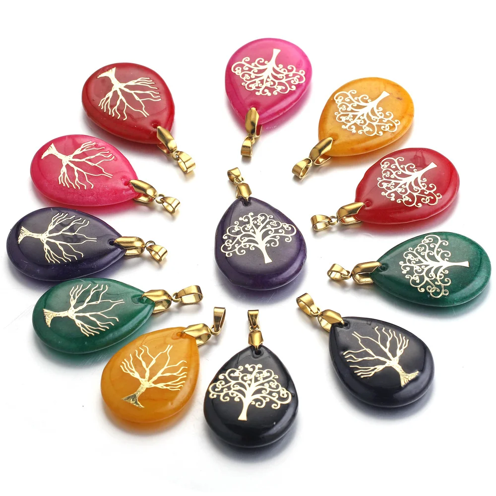

Natural Stone Pendant Water Drop Shape Stainless Steel Plated 18K Gold Pendant Seven Chakra Reiki DIY Life Tree jewelry