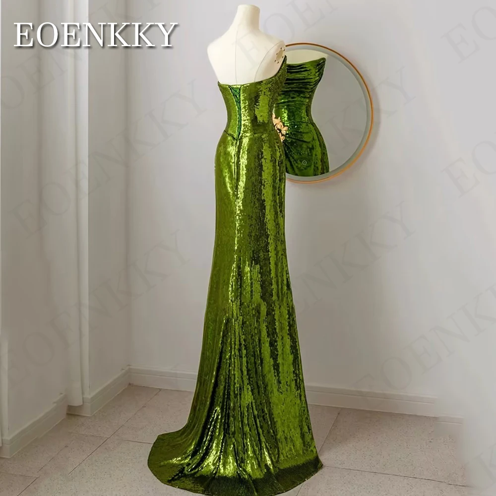 Glitter Mermaid Sequin Evening Dress Green Sexy Strapless Pleats Special Occasion Dresses vestidos de gala Sleeveless Women