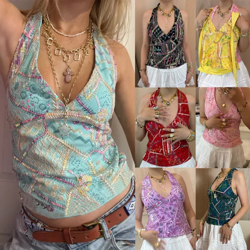 

2025 New Women's Sequins Soft Casual V-Neck Sleeveless Vest Pink Micro-Stretch Fashion Top Summer Short Pullover Sling