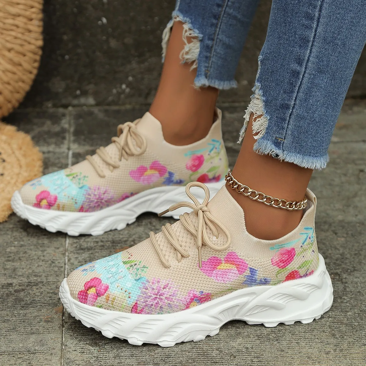 2024 Women\'s Casual Shoes Breathable Mesh Floral Pattern Platform Sneakers Casual Lace Up Outdoor Walking Vulcanized Shoe 35-42