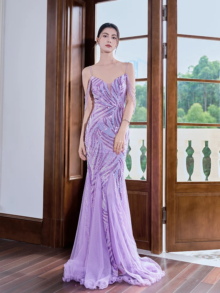 

Фиолетовое вечернее платье с бахромой, облегающее, сексуальное, для ведущих, длинное, модное, без рукавов, с юбкой-русалкой, для вечеринок