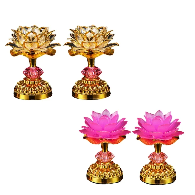 2 sztuki LED Lotus Buddhist Lights Buddha Lotus Lamps Plug In lub Battery-Operated Buddhist Lamp US Plug Gold 58 Songs