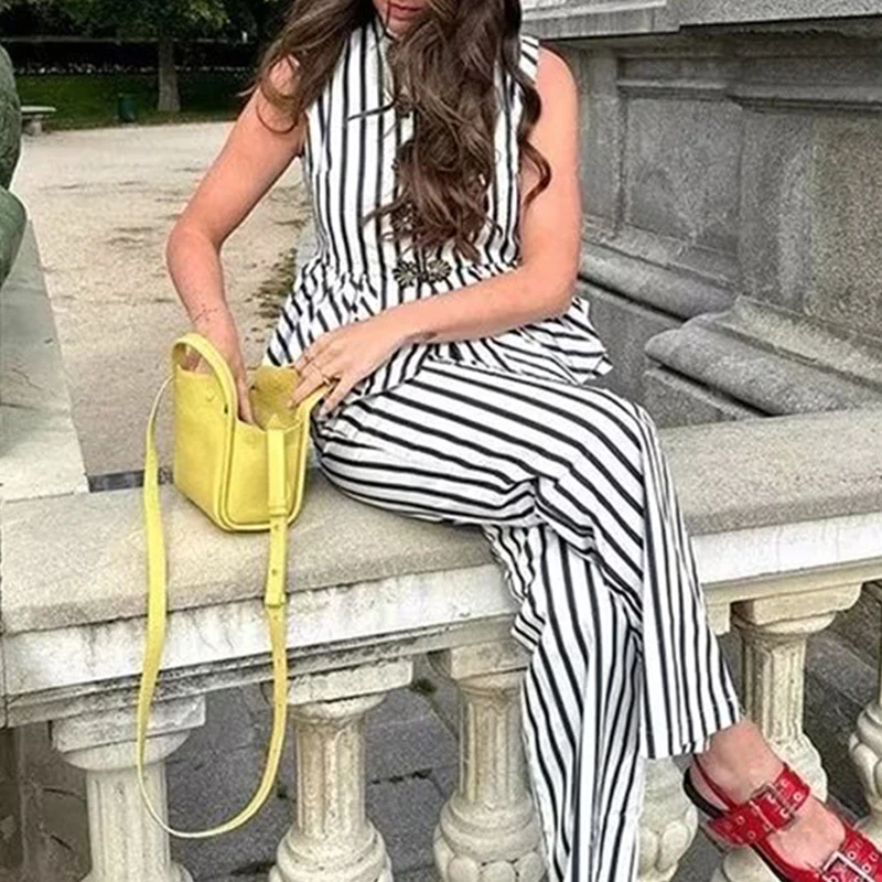 

Women Summer High Street Set Fashion Stripe Single Breasted Vest&Straight Pants Sets Casual High Waist Long Pants Two Piece Sets