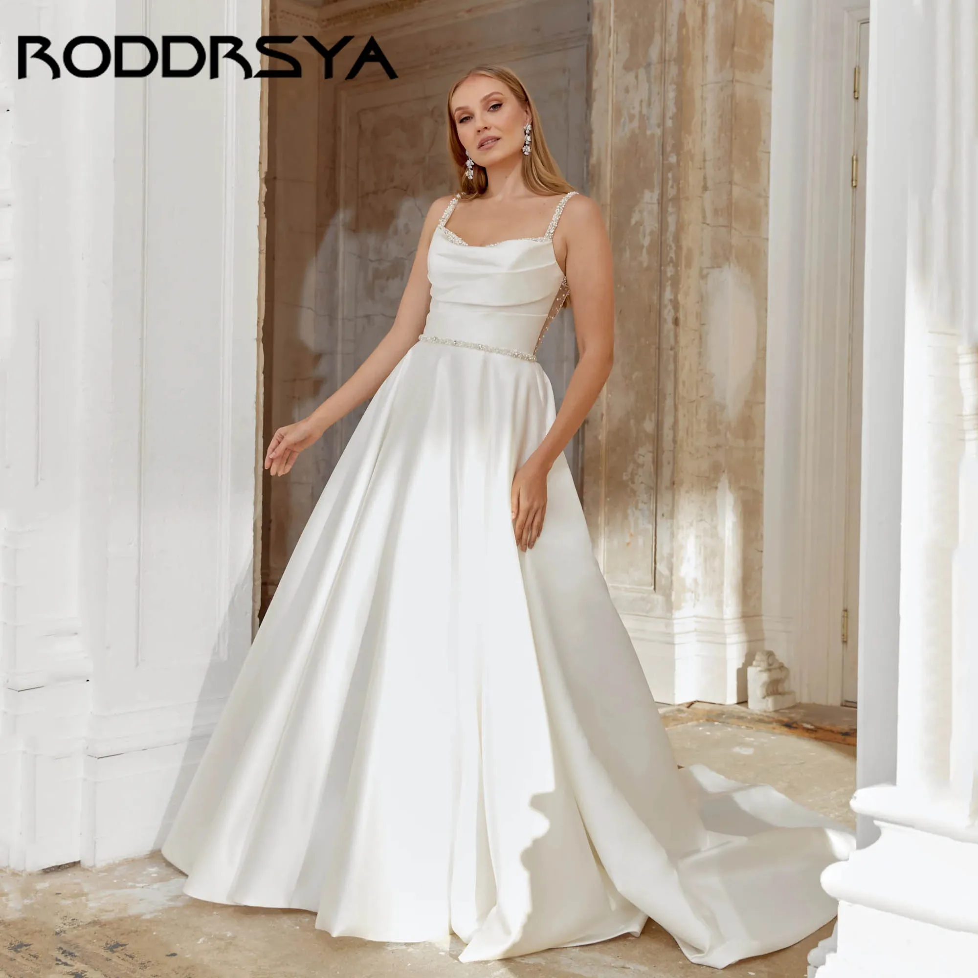 

RODDRSY Satin A-line Wedding Gown With Sweetheart Beaded Neck And Straps Bride Dress Sleeveless Illusion Back vestido Customized