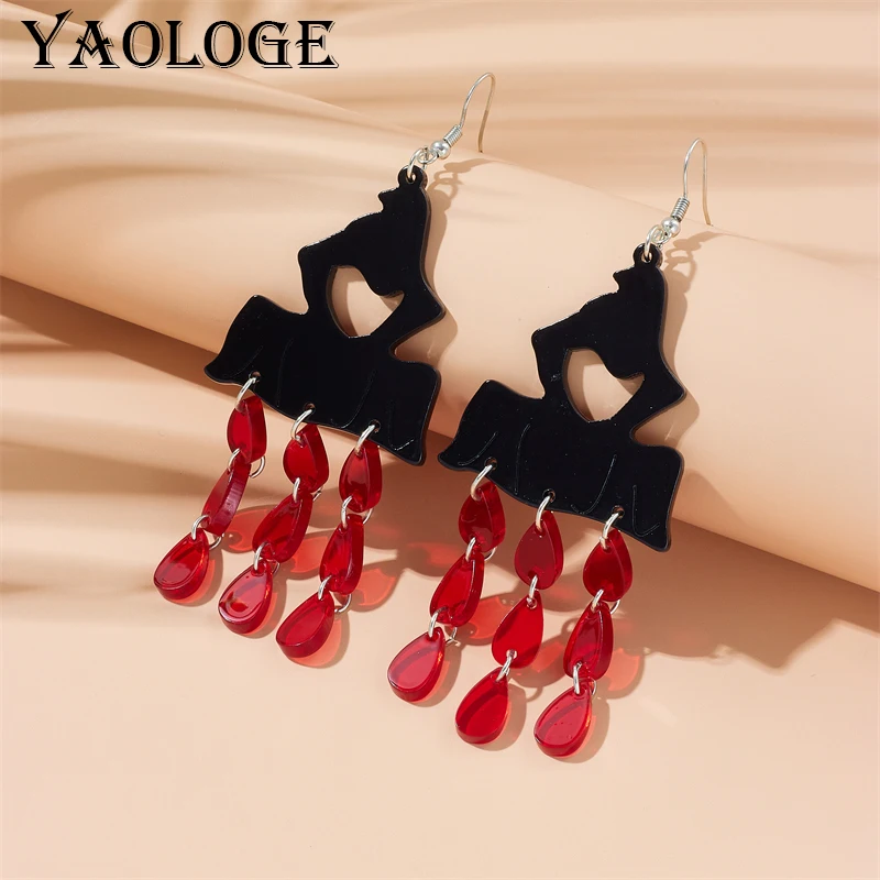 YAOLOGE Alternative Acrylic Mysterious Man Wizard Earrings Blood Drops Red Water Drops Pendant Earrings Funny Halloween Jewelry