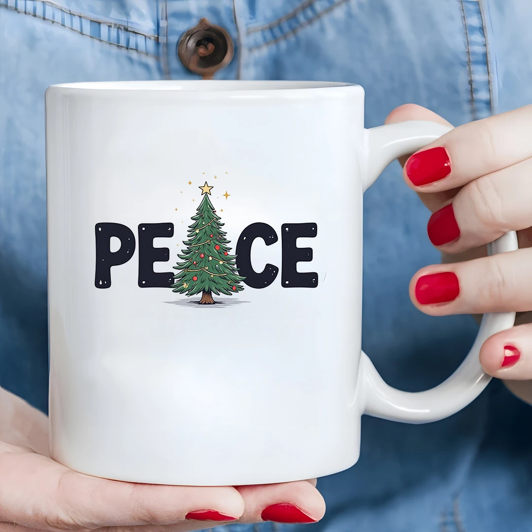 Taza de 11oz + patrón de nubes de árbol de Navidad + decoración de letras de PEACE, regalo de Navidad, taza de agua para niños, taza de café para oficina familiar