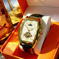 Montre mécanique automatique haut de gamme pour homme, de forme tonneau, design squelette avec fond transparent, bracelet en cuir, montre-bracelet tendance rétro lumineuse et étanche, style polyvalent pour le quotidien professionnel, montre mécanique pour homme au style urbain unique, montre-bracelet de luxe polyvalente et élégante pour homme, choix de cadeau idéal 4