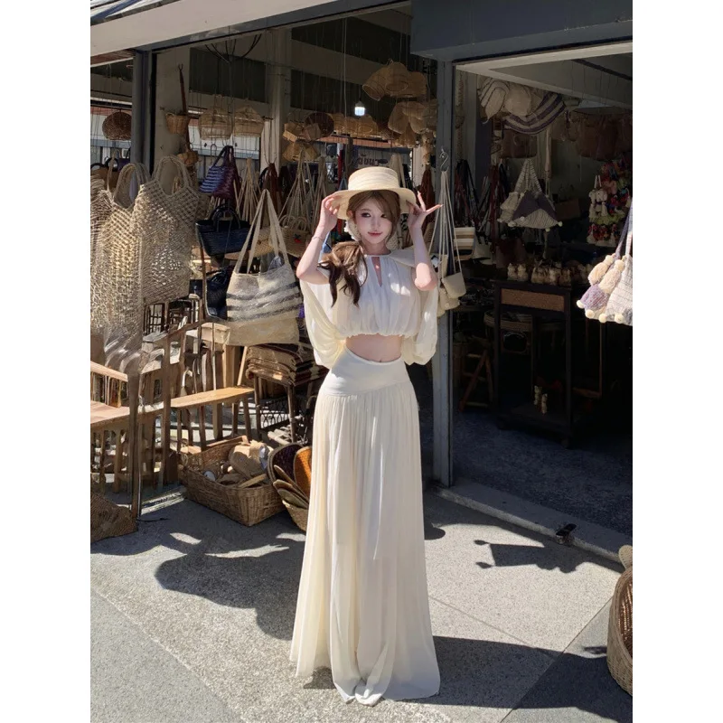 

Spring Fashion Sexy Vacation round Neck Cape Top High Waist Draped Pleated Half Skirt Long Skirt Two Piece Set Women