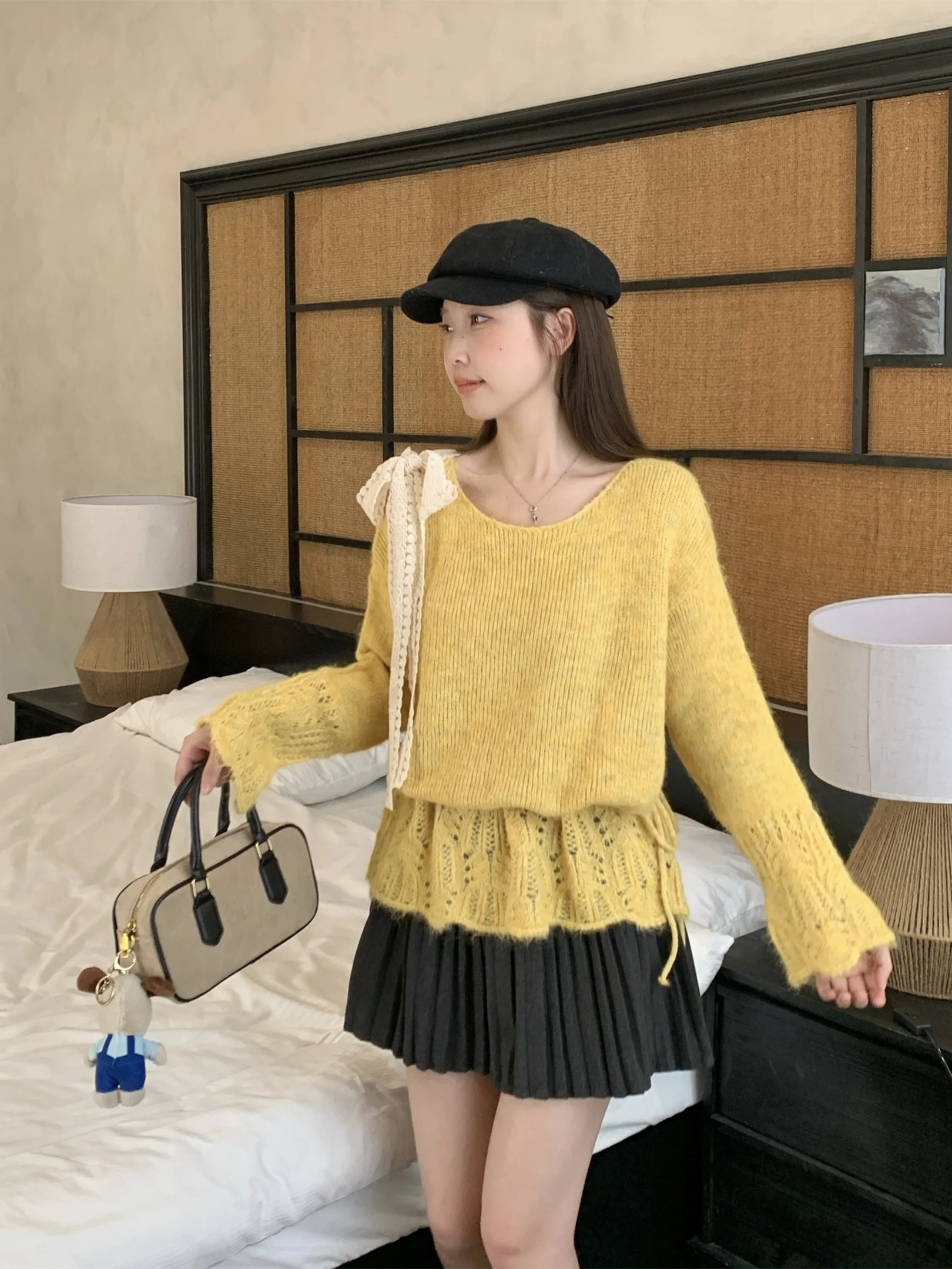 

Sweet Sle кружевной вязаный свитер с узлом женский плюс размер утягивающий дизайн талии топ на осень удобный свободный крой круглый Ne