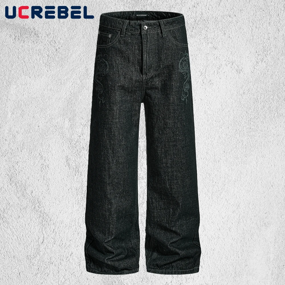 

Темные джинсы с принтом дракона, мужские карманные сращенные ретро уличные мешковатые прямые широкие джинсовые брюки, мужские