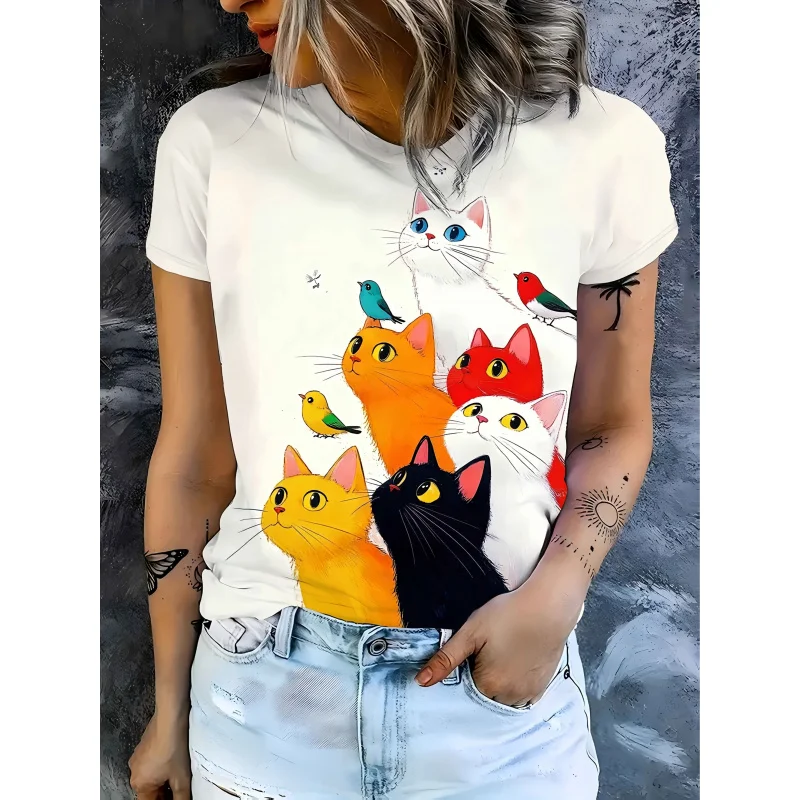 2026T-shirt imprimé avec portrait de famille de chats pour femmes - Motifs de chats mignons avec différentes expressions