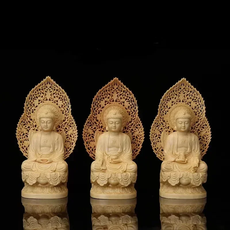 MOYU 3Pcs/Set High Quality Shakyamuni Solid Boxwood Wood Statue Handmade Carving Sculpture Home Decor Gift