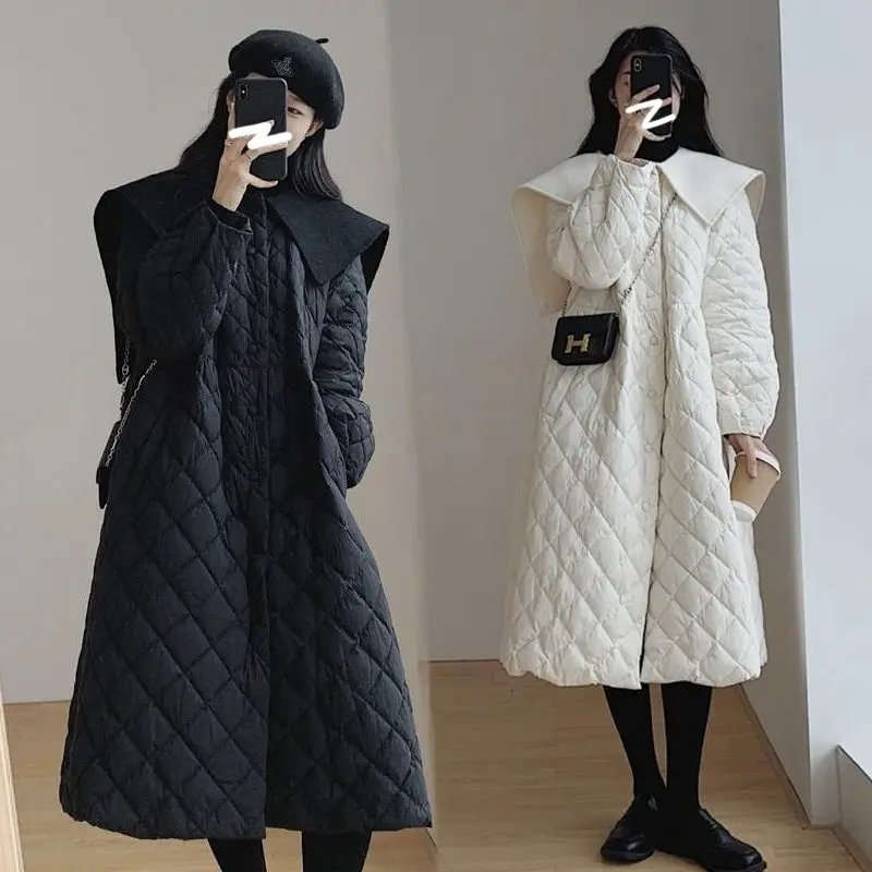 

Женская одежда больших размеров, простая осенне-зимняя куртка с кукольным воротником, длинное платье с хлопковой подкладкой и ромбовидной сеткой, пальто W1412