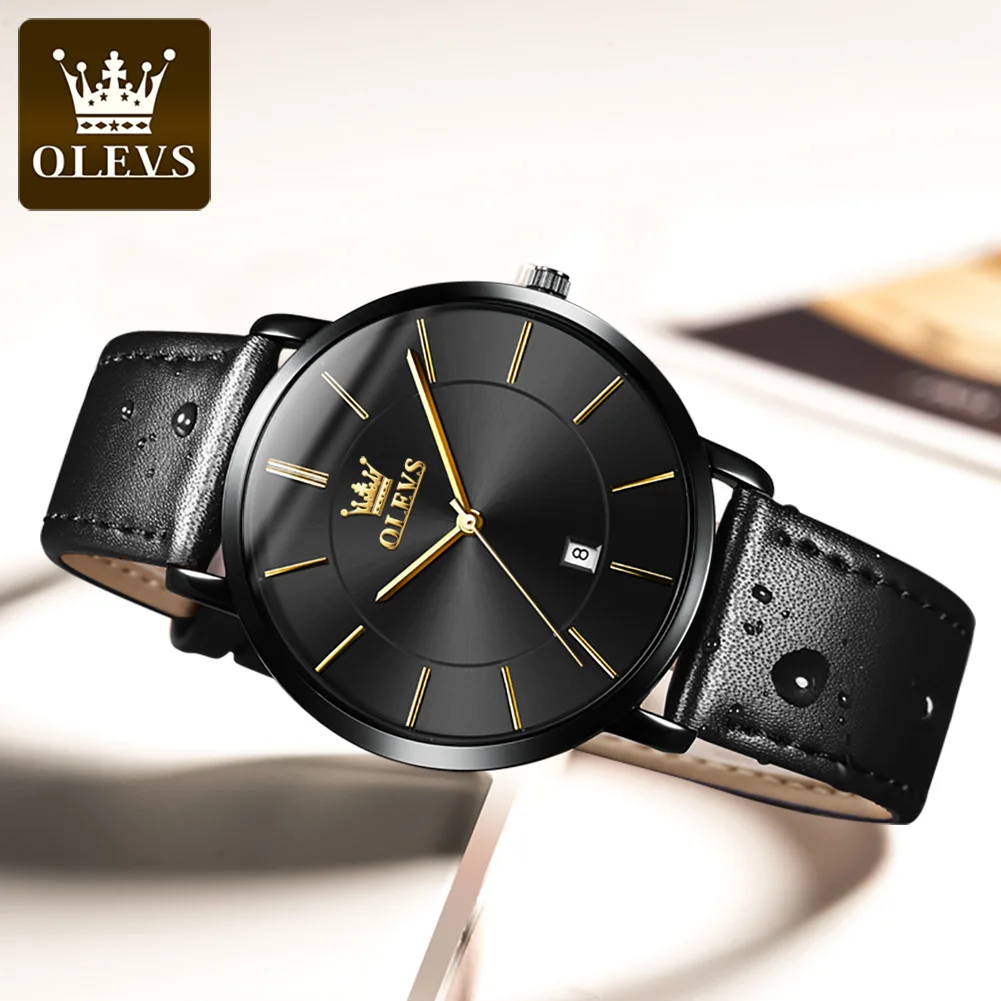 OLEVS 5869 Men\'s Watches Leather Strap Waterproof Auto Date Man Watch Fashion Simplicity Ultra Thin Quartz Wrist Watch for Men