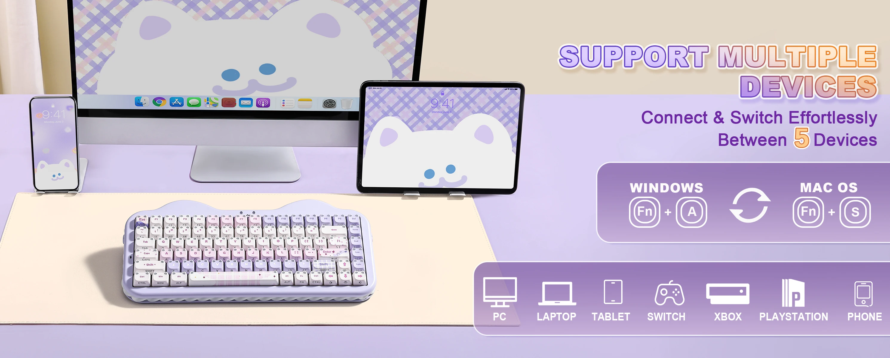 YUNZII C75 MAO Edition Mechanical Keyboard,Cute Ear Translucent Keycap,Wireless 75% NKRO Keyboards,RGB Cake Design for Win/Mac